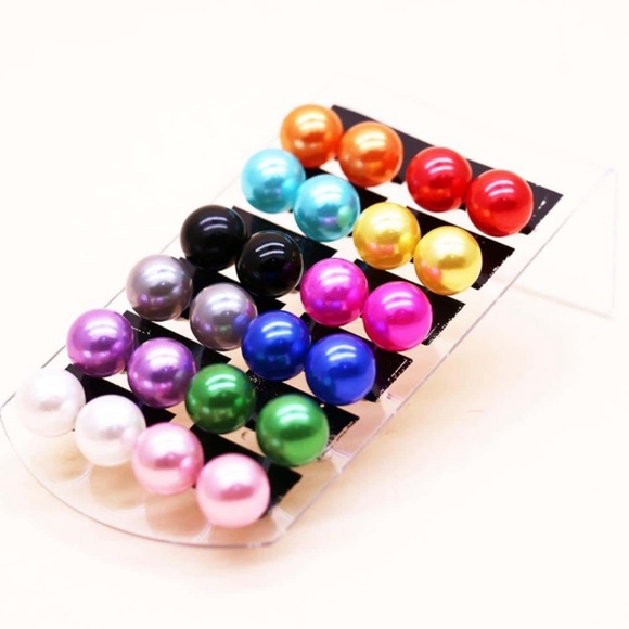 12 Pairs of Multi-color Faux Pearl, Glam, Boho, Bridal, Wedding Stud Earrings - Picture 6 of 6